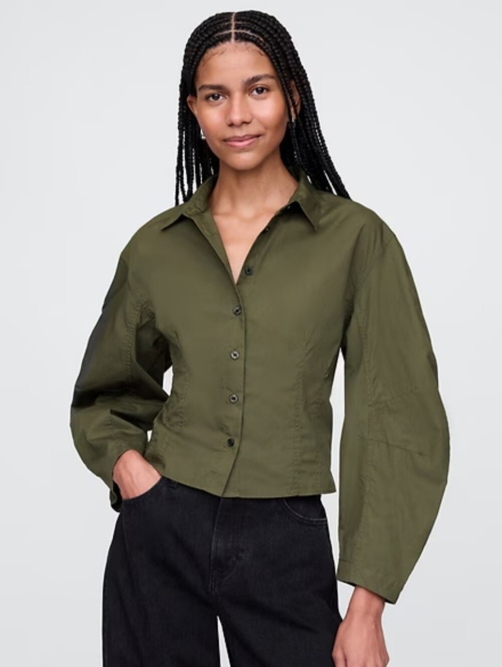 Gap Poplin Cotton Barrel Sleeve Cropped  Button Front Top Military Green Med